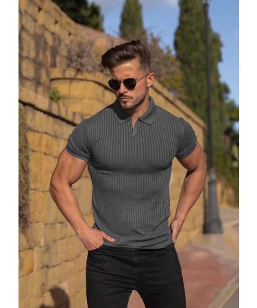 Lempue Men's V-Neck Slim Fit Polo Shirt - Dark Grey Large | Short Sleeve Dry Fit Golf Shirt for Men - Casual & Stylish - Buy Online on GoSupps.com