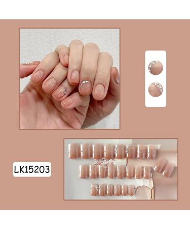 Glossy Nude Pink Short Round Press on Nails with Rhinestone Designs - Women & Girls - Buy Online on GoSupps.com