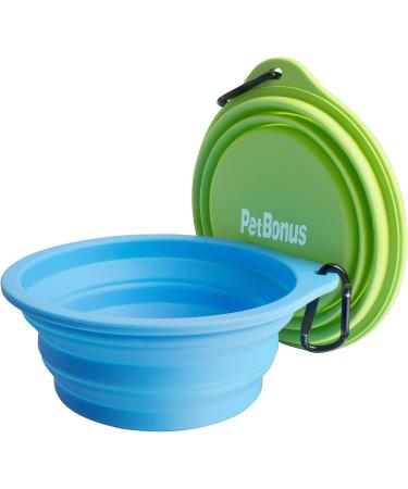 Petbonus Foldable Dog Bowls - 2 Pack Silicone Travel Water & Feed Bowls for Dogs | Leak-Proof & Portable with Carabiners - Light Blue & Light Green (600ml) - Buy Online on GoSupps.com