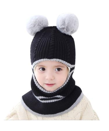 Baby Balaclava Kids Winter Warm Hat Scarf Warm Knitted Hood Hat with Double Pom Pom Design Beanie Caps for Baby Girls Boys Cute Small Bear Winter Hat B-F One Size