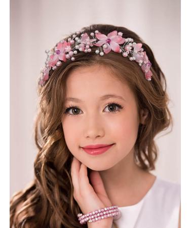 IYOU Flower Girl Hair Accessories Pink Floral Wedding Headband Pearl Wedding Holy Communion Headpiece for Girls - Buy Online on GoSupps.com