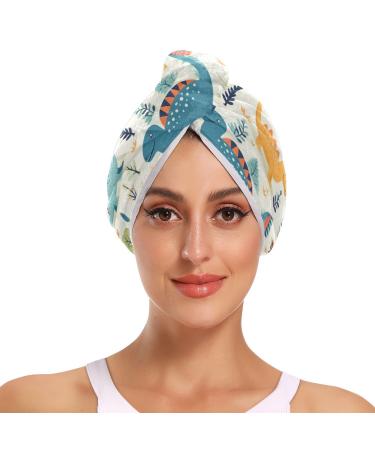 Dinosaurs Plants Hair Towel 2 Pack Super Absorbent Hair Drying Towel Quick Dry Hair Turbans Head Towel with Button Twisty Wrap for Women Girls