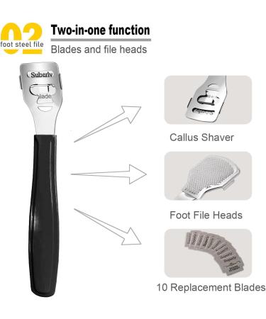 Professional Stainless Steel Foot Files & Callus Remover - 10 Replacement Blades & 1 Foot File Head for Smooth Feet - Ideal Pedicure Tool for Hard Skin & Corns - Black - Buy Online on GoSupps.com