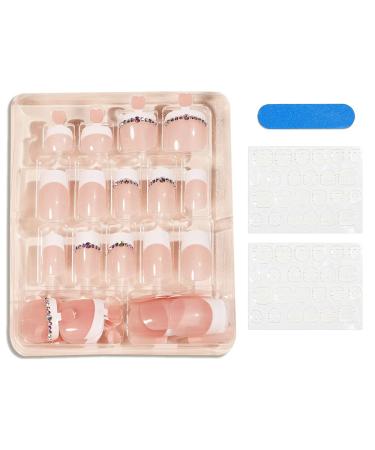 White Rhinestone French Tip Press on Toenails - 48Pcs Full Cover False Nails for Women - Buy Online on GoSupps.com