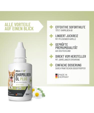 Reavet Ear Mite Oil Plus 50ml | Effective Ear Mite Remedy for Dogs with Chamomile - Soothing Ear Drops & Cleaners - Buy Online on GoSupps.com