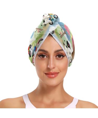 Cute Animals on A Bicycle Hair Towel 2 Pack Super Absorbent Hair Drying Towel Quick Dry Hair Turbans Head Towel with Button Twisty Wrap for Women Girls