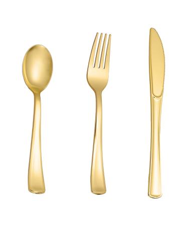 N9R 500PCS Gold Plastic Silverware - Gold Plastic Cutlery Set Disposable Flatware Dinnerware -200 Gold Forks 150 Gold Spoons 150 Gold Knives for Party Birthday Wedding Gold Utensils Gold-500pack