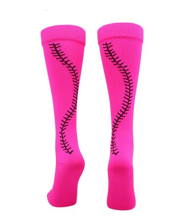 MadSportsStuff Softball Socks with Stitches - for Girls or Women - Knee High Length Neon Pink/Black Medium