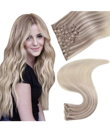 Easyouth Ombre Clip in Hair Extensions Clip in Real Hair Blonde Balayage Clip in Extensions 22 Inch 120g 7Pcs Double Weft Clip in Blonde Hair Extensions Natural Long 22" 2-7Pcs Clip #18/22/60(#Nordic)