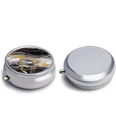 Round Pill Box - Black White Gold Foil Marble Print | 3 Compartment Medicine Organizer | Decorative Portable Pill Case - Buy Online on GoSupps.com