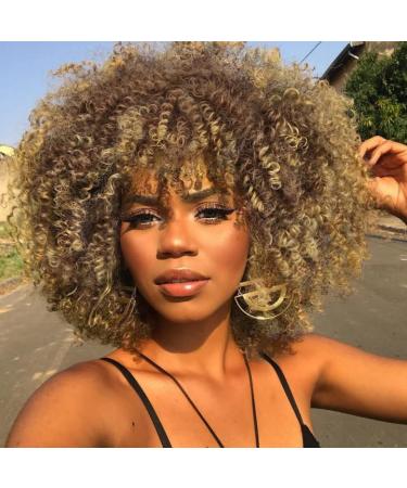 Nnzes Afro Short Curly Wig for Black Women Brown to Blonde Kinky Curly Fluffy Wig with Bangs 12inch Synthetic Hair Wig Curly Full Wigs for Daily Wear