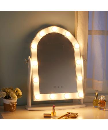 LUXFURNI Vanity Mirror with Lights  13 LED Lights Makeup Mirror Smart Touch Control Dimmable 3 Color Modes  90 Rotation  White White 17.5Wx23.8L (Arciform)