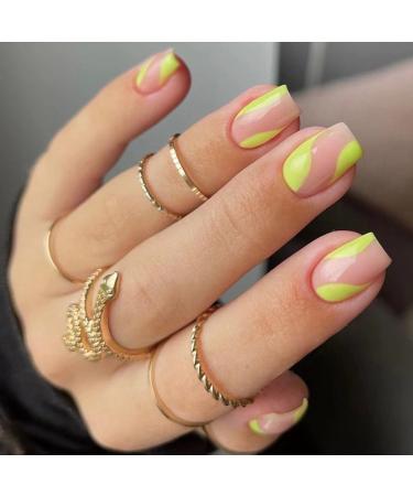 Justotry 24 pieces press on nails square short Lemon French artificial nails with wavy artificial nails nails to stick on acrylic swirl fingernails fake nails short for women yellow french 1 - Buy Online on GoSupps.com
