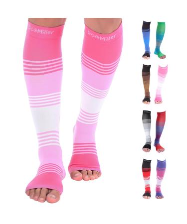 Doc Miller Premium Waden compression cuff 1 pair 20 30 mmHg strong calf support fashionable pressure for sports running muscle recovery shining edge syndrome varicose veins open toe area pink pink white xxl - Buy Online on GoSupps.com