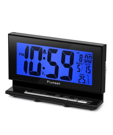 Plumeet Digital alarm clock with automated night light temperature display slumber function large LCD letters simple settings battery operations (blue light)