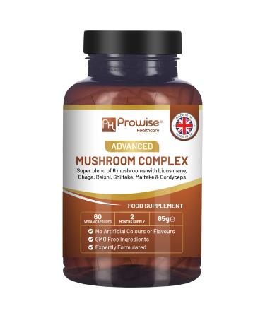 Advanced Mushroom Complex | A Super Blend of 6 Mushroom with Lions Mane Chaga Cordyceps Shiitake Reishi and Maitake | 60 Vegan High Strength Capsules | Made in UK by Prowise