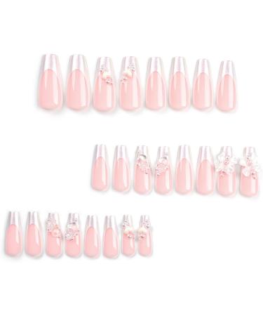 French Tip Press on Nails - Long Press On Nails with Nail Tips Pink flower bowknot Design pearl love heart false nails press on nails Acrylic False Nails Cute Artificial Nails - Buy Online on GoSupps.com