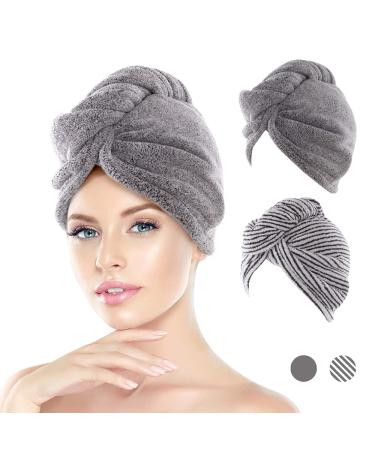 JEFFSUN Microfiber Hair Towel Wrap for Women and Girls Super Absorbent Quick Dry Wet Hair Turban for Drying Curly Long Thick Frizzy Hair (Pack of 2 / Grey & Stripes)