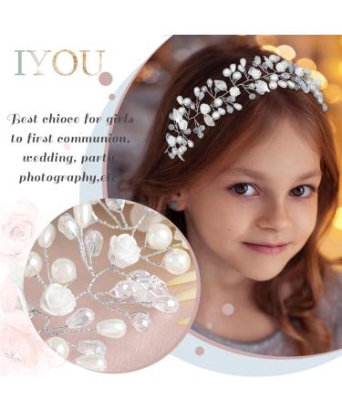 IYOU Flower Girl Headband Silver Floral Pearl Headpiece Crystal Bridal Hair Vines Princess Communion Wedding Hair Accessories for Kids - Buy Online on GoSupps.com
