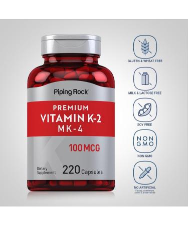 Piping Rock Vitamin K2 MK4 Supplement | 100 mcg | 220 Capsules | Non GMO & Gluten Free - Buy Online on GoSupps.com
