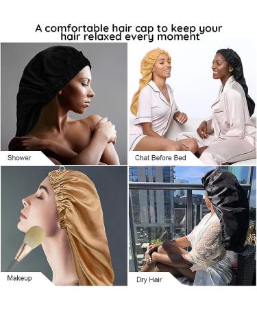 Extra Long Satin Bonnet for Women - 2 Pcs Braid & Curly Hair Bonnets - Soft Silk - Black/Golden - Buy Online on GoSupps.com
