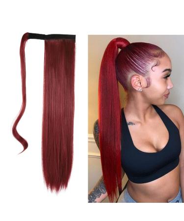 Gangel Ponytail Hair Extension Straight Pony Tails Wrap Around Hairpiece Claw Synbthetic Clip in Long Hair Extensions Magic Drawstring Pony Tail Hair Wraps(1 pc) (Wine Red Burg)