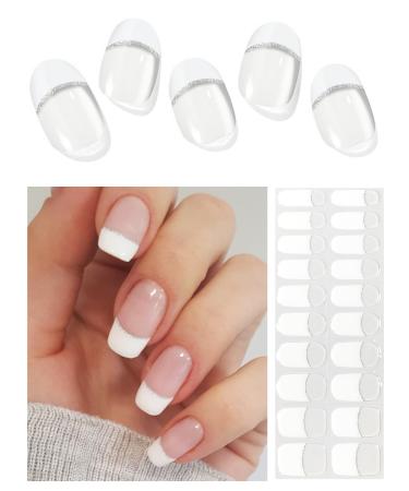 Semi Cured Gel Nail Strips French -20 PCS White Tip Clear Base Gel Nail Stickers | UV Light Required | Gel Nail Wraps Salon Quality & Easy to Use (A White French Tip)