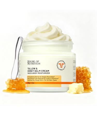 Beef Tallow for Skin, Tallow and Honey Balm, 100% Grass Fed Whipped Moisturizer, Natural Honey & Beeswax Cream, Face and Body Skincare, Deep Hydration for Sensitive Skin, Non-Greasy, 2oz