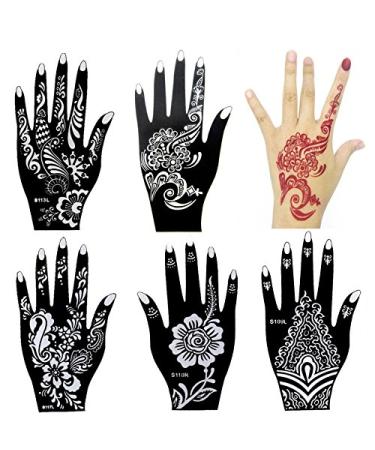 Xmasir 6 Sheets India Henna Tattoo Stencil Kit for Women Girl Hand Art Painting Temporary Tattoo Sticker Glitter Templates 7.87'' x 4''