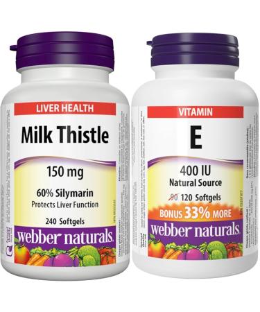 Webber Naturals Milk Thistle Extract 150 Mg 240 count & Vitamin E 400 IU 120 Softgels Natural Source of Vitamin E Antioxidant Support SUPPLEMENT + VITAMIN ECS165693