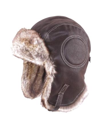 Russian Ushanka Cossack Trooper Trapper Aviator Bomber Hat Fur Lined Earflap Winter Cap with Chin Strap Brown/Leather Medium