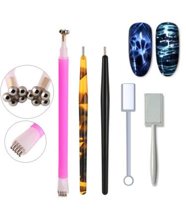 WOKOTO 5Pcs Nail Magnet Tool Set With Double Head Flower Design Nail Magnet Pens And Strong Magnet Stick For Cat Eye Gel Polish Nail Art (MJB076)