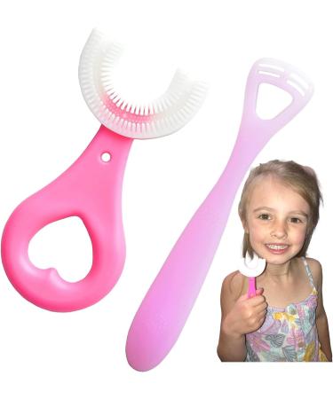 Kids U Shaped Tooth Brush & Tongue Scraper Set - Safe & Soft for Ages 2-6 | Pink - Buy Online on GoSupps.com