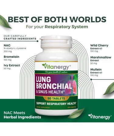 Vitanergy Sinus Lung & Bronchial Health Support | NAC Bromelain Marshmallow Mullein Wild Cherry Ivy | Mucus Allergies Relief | 90 Tablets - Buy Online on GoSupps.com
