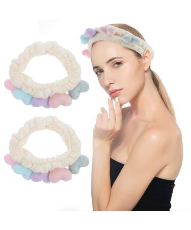 Beaupretty Plush Spa Headband - 2pcs Cute Heart Coral Fleece Makeup Headband for Women, Soft Elastic Wrap for Shower - White - Buy Online on GoSupps.com