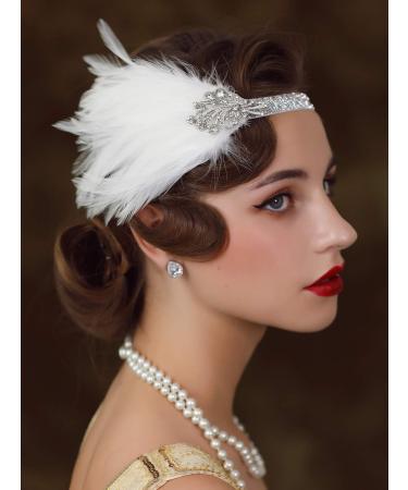 Sweetv 1920s Flapper Headband | Great Gatsby Feather Headpiece - Roaring 20s Vintage Hair Accessory in White - Buy Online on GoSupps.com
