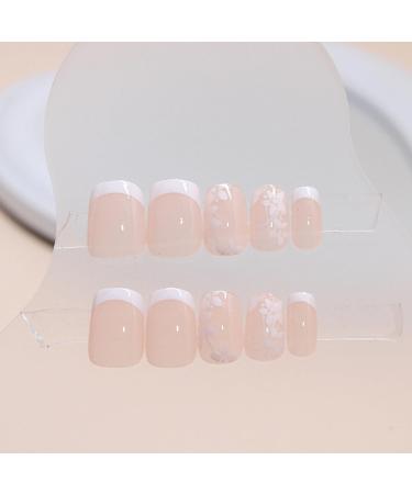 24 Pieces Short Press On Nails - Nude Angular Full Cover with White Flowers | French Acrylic Fingernails for Women & Girls | DIY Manicure Decoration - Buy Online on GoSupps.com