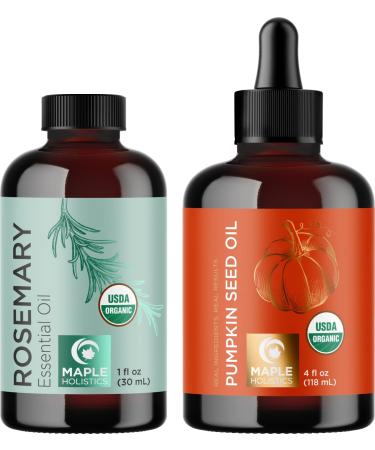 Certified Organic Rosemary and Pumpkin Oils - Pure USDA Organic Rosemary Essential Oil for Hair Skin and Nails Plus Aromatherapy with Certified Organic Pure Pumpkin Seed Oil for Hair Skin and Nails