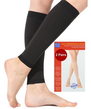 2 pairs of calves medical compression stockings women & men 20-30 mmHg class 2 calf supports graded support support stockings for varicose veins edema flight sport s 2x black