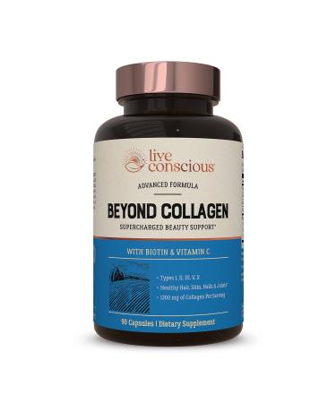 Beyond Collagen Multi Collagen Capsules - Types I, II, III, V & X | Hydrolyzed Blend with Biotin & Vitamin C for Hair, Skin, Nails | Live Conscious - 90 Capsules 90 Count (Pack of 1)