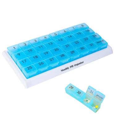 Monthly Pill Organizer 31-Day Pill Box by Week Large 4-Day Pill Box with Dust Box Large Compartment Portable Travel Case for Pills/Vitamins/Fish Oil/Supplements(Blue)