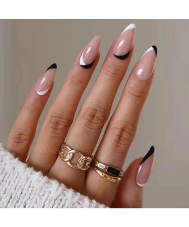 Justotry 24 pieces press on nails almond short black and white French fingernails to stick on acrylic oval nails to stick artificial nails short for women nails art bwa