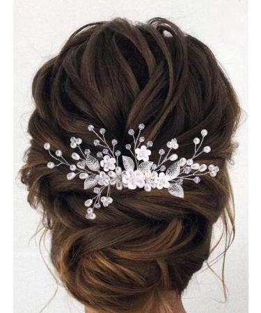 Aukmla Flower Bride Wedding Hair Comb Silver Pearl Bridal Hair Accessories Leaf HeadPiece for Women and Girls