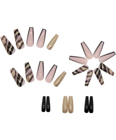 Black Marble French Tip Press On Nails Long with Gold Foil - 24Pcs - Buy Online on GoSupps.com