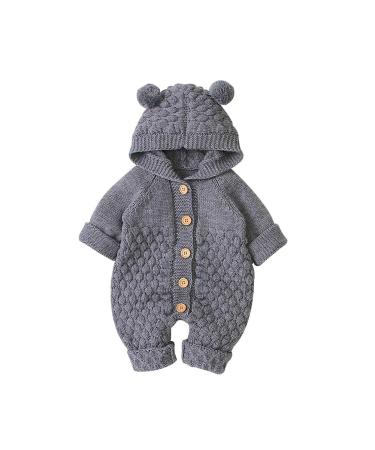 VICROAD Baby Hooded Knitted Rompers Newborn Girls Boys Onesies Warm Sweater Jumpsuit Outfits 18-24 Months Grey