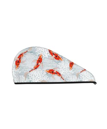 Hair Towel Wrap Hair Drying Towel with Button Towel Turban Head Towel to Dry Hair Quickly (Koi Fish Corals Spring Summer)