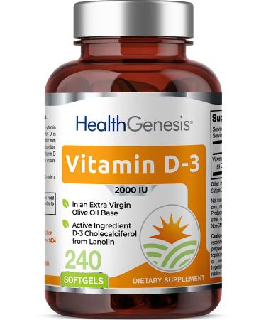 Health Genesis Vitamin D-3 2000 IU 240 Softgels - in Extra Virgin Olive Oil Non-GMO Soy-Free
