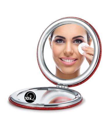 OMIRO Compact Mirror with 1x/10x Magnification Round with PU Leather Ultra-Portable for Purses and Travel (Glitter Red) 1X/10X-(300R) Glitter-red