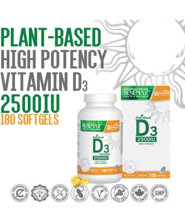 Benemax Vitamin D3 2500 IU For Healthy Bones Teeth and Helps Prevent Vitamin D Deficiency Plant Based & Vegan 180 Day Supply - Buy Online on GoSupps.com