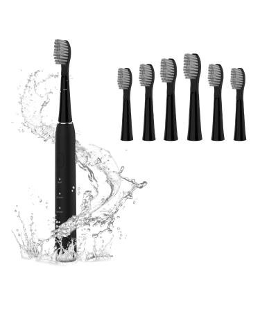 Sonic Electric Toothbrushes for Adults with 6 Brush Heads & Travel Case Portable Rechargeable Sonic Battery Toothbrush One Charge for 30 Days 3 Modes with 2 Minutes Built-in Smart Timer-Black Black 1 Count (Pack of 1)